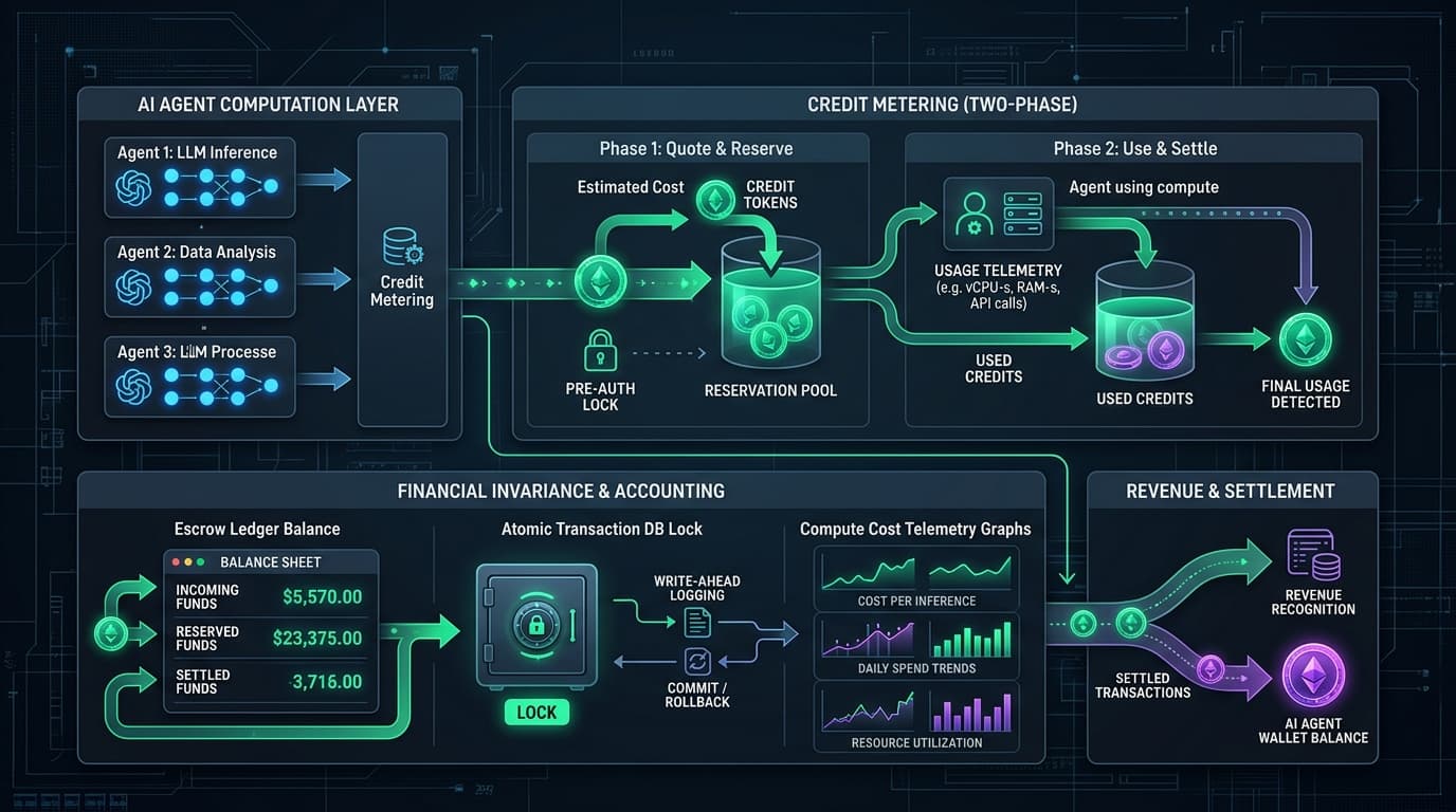 Architectural diagram illustrating two-phase financial credit reservation and settlement for autonomous AI agents